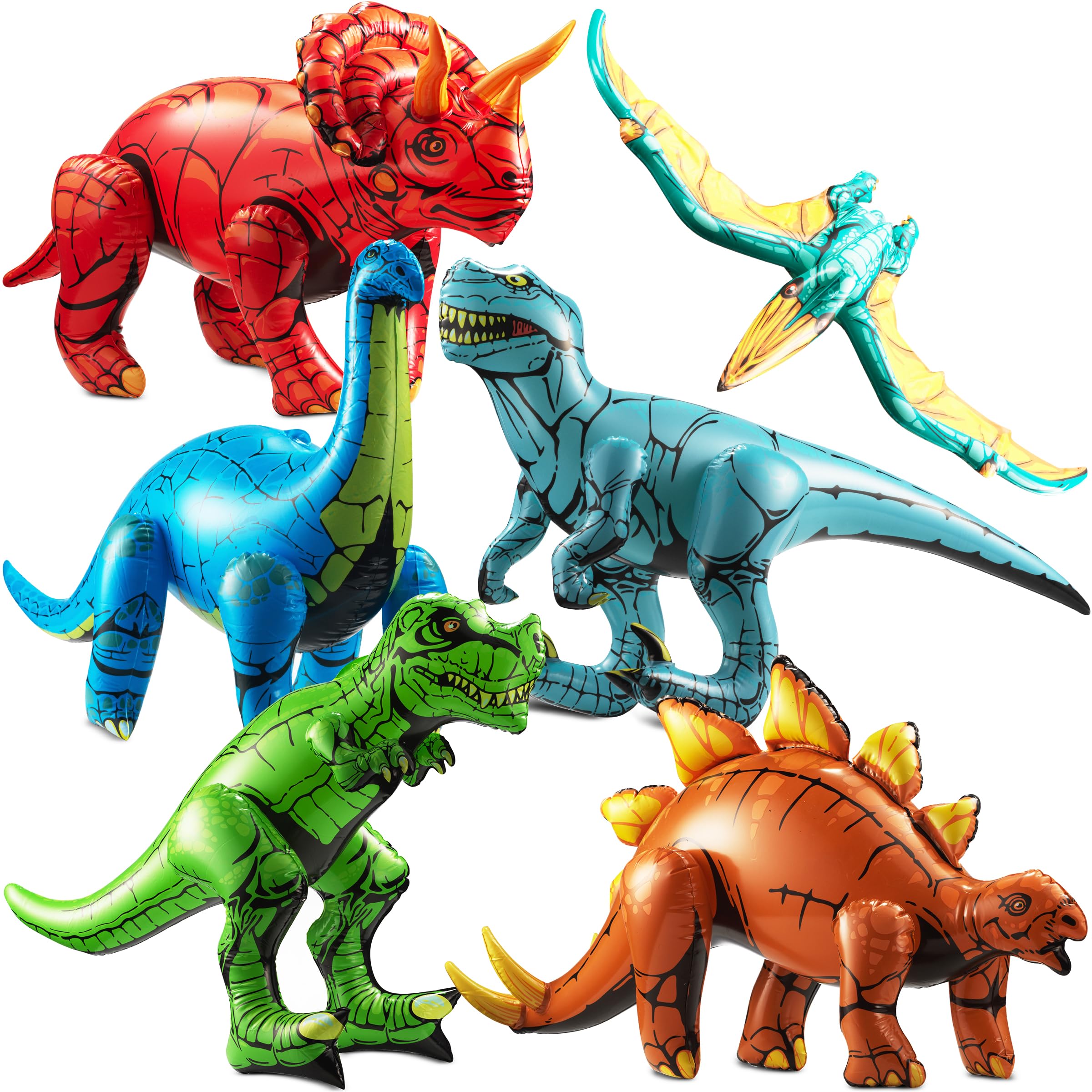 Inflatable Dinosaur Toys for Kids (Pack of 6) Large Blow-Up Vinyl Dinosaur Balloons Self-Standing Birthday Decorations for Themed Jurassic Party Supplies Decor & Pool Floats for Boys & Girls